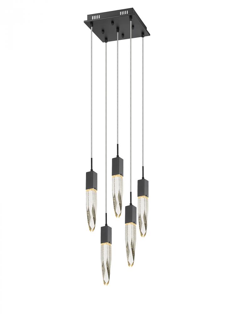 Aspen  5 Light Multi  Pendant in Black  with Bubbled Crystal
